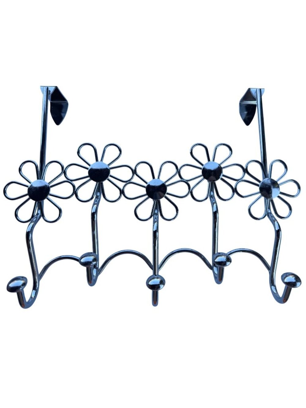 Silver Chrome-finished Flower Over-the-Door Hook Organizer w/Hanging Hooks 10"